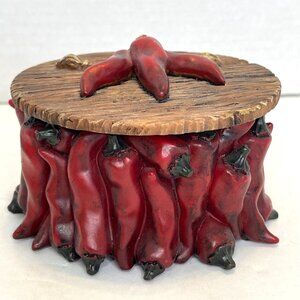 Red Hot Chili Jalapeno Pepper Southwestern Kitchen Jewelry Trinket Box Lid VTG